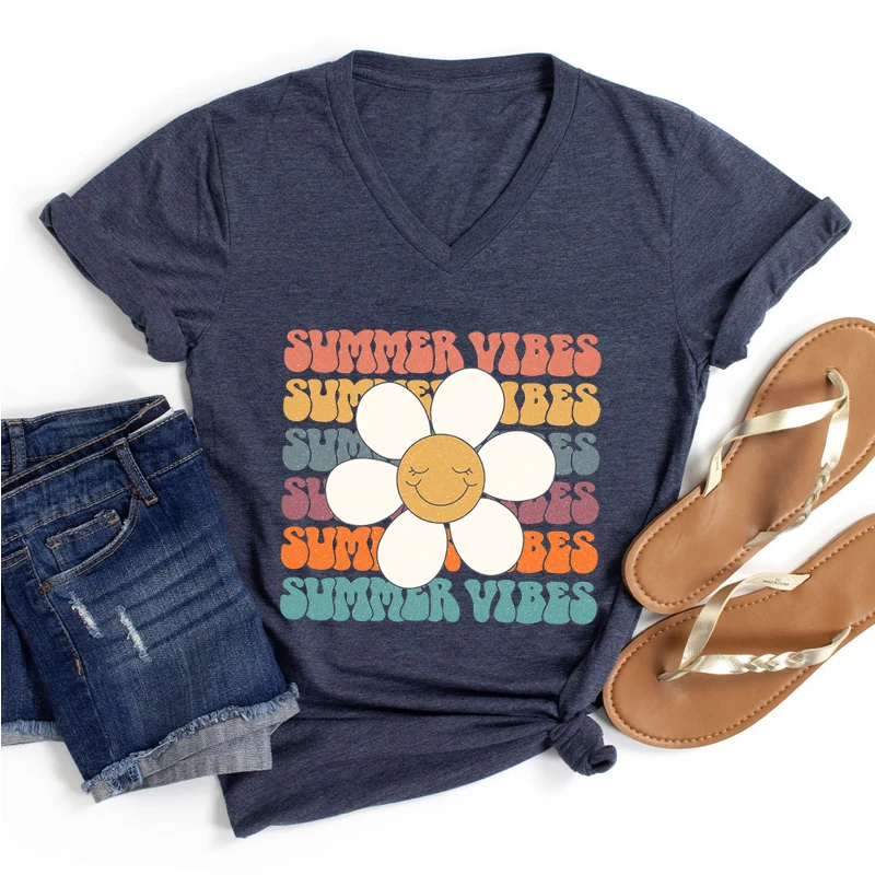 

Vintage Summer Print Harajuku T Shirt Women V-neck Korean Tshirt Casual Fashion Tee Shirt for Lady Flower Graphic T Shirts 2023