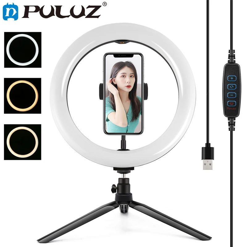 

PULUZ 10.2 inch USB 3 Modes Dimmable LED Selfie Ring Light Desktop Stand Tripod For Photo Studio YouTube Vlogging Video Shooting