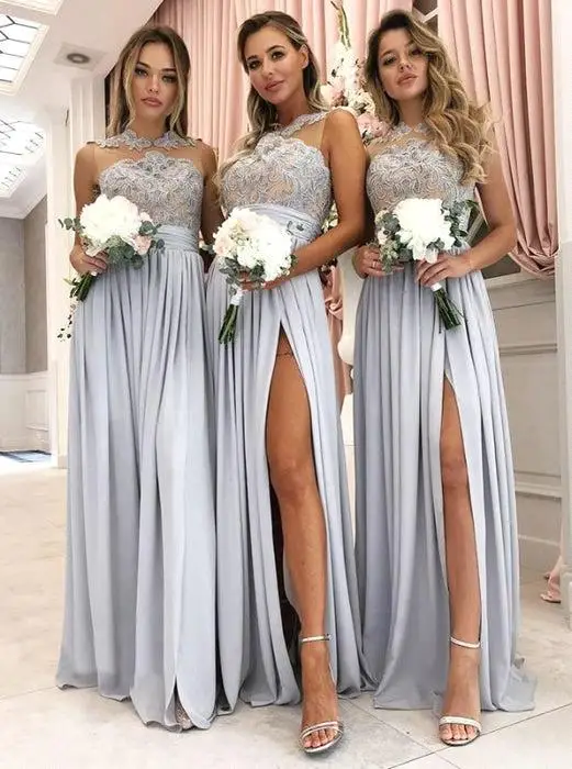 

New Elegant Halter Bridesmaid Dresses Chiffon Long Lace Applique Split Wedding Guest Wear Maid Of Honor Gowns