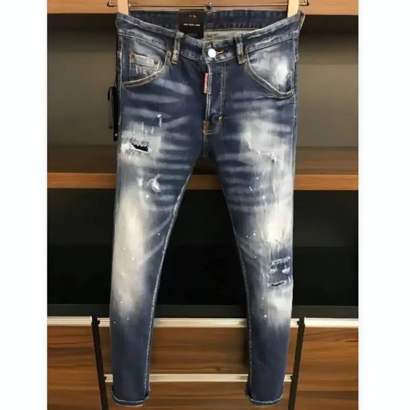 

New DSQUARED2 Men's Slim Jeans Straight Leg Motorcycle Rider Hole paint Pants Jeans Man 9627#