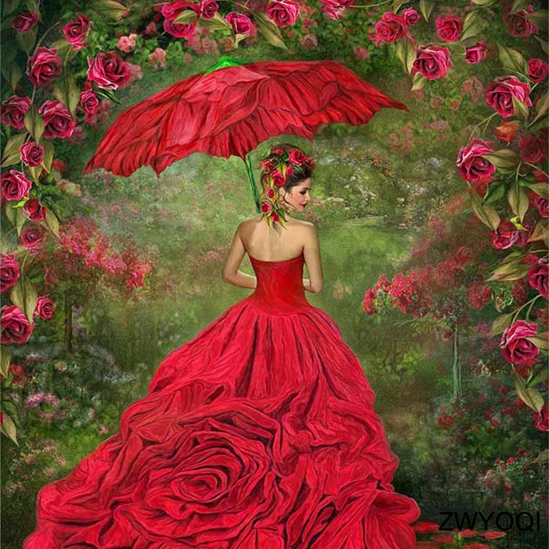 

Алмазная мозаика «сделай сам», полная вышивка квадратными стразами, вышивка крестиком, круглый зонтик с длинным платьем и розами для женско...