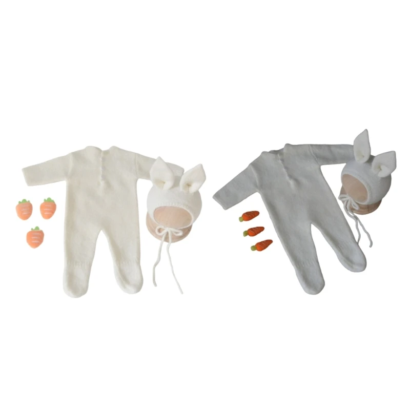 

Милый реквизит для фотосъемки новорожденных мальчиков и девочек, Детский комбинезон с капюшоном в виде кролика и 3 моркови для мальчиков и девочек