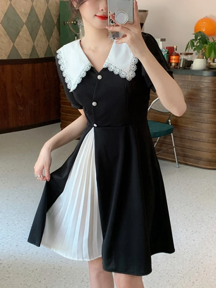 

Винтажное черное кружевное платье, женское повседневное элегантное платье с коротким рукавом, вечернее праздничное платье, корейское модн...