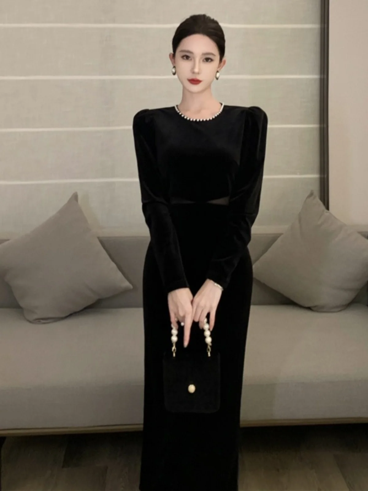 Французский sle Socialite Strong Atmosphere Женская одежда High Cold Royal Sister Sle Super Nice Sense Beads Retro Velvet ...