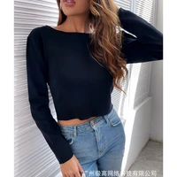 women short t shirt tops summer fashion sexy solid color loose t shirt women casual long sleeve round neck backless t shirt