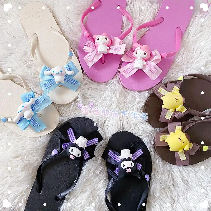 

Sanrio Summer Beach Flip Flop Sandals Cuet Bow Doll Kuromi Mymelody Cinnamoroll 35-40 Size Kawaii Anime Plush Toy for Girls Gift
