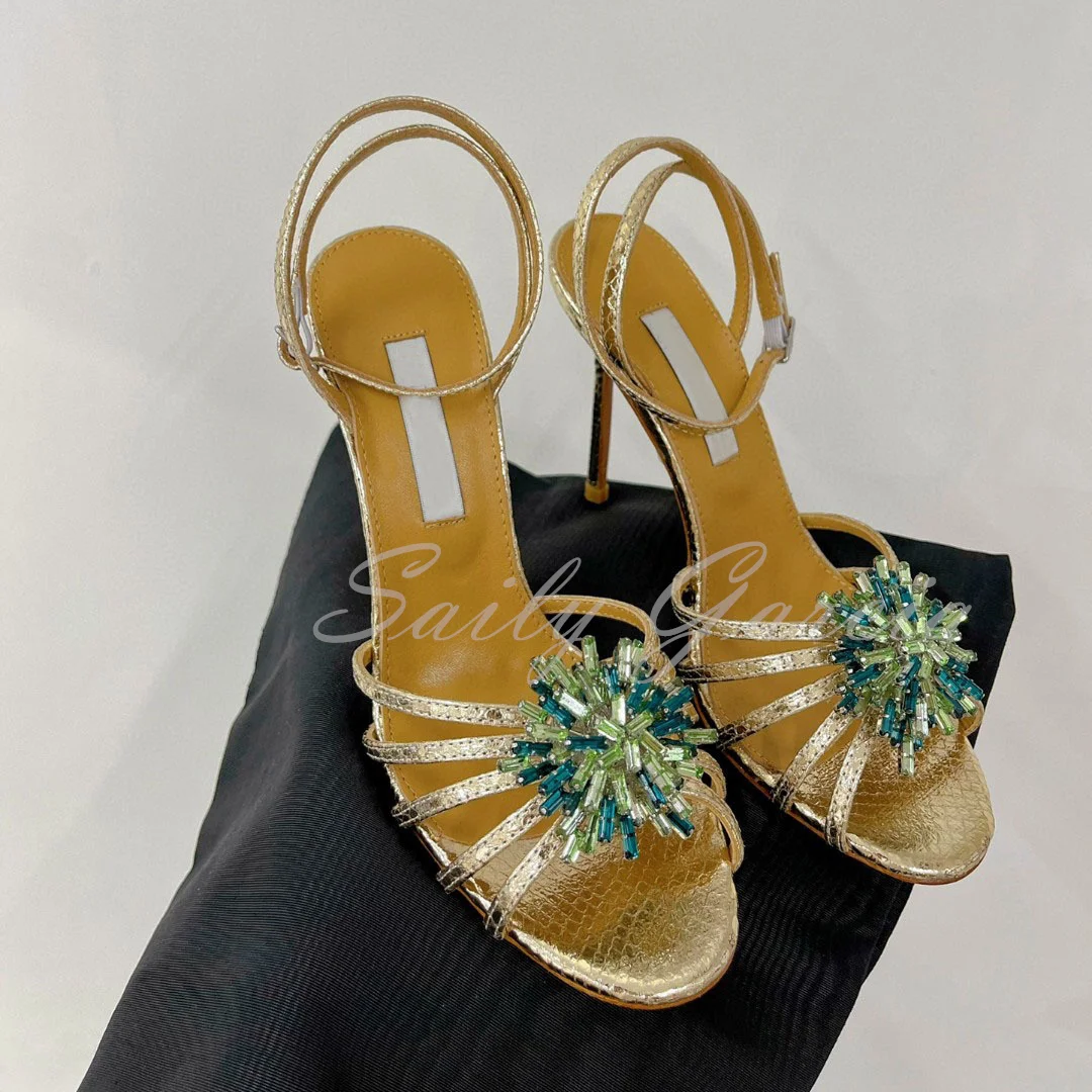 Snowflake Rhinestone High Heel Sandals Women Round Toe Thin Strip Hollowed Out Buckle Strap Sexy Stiletto Pumps