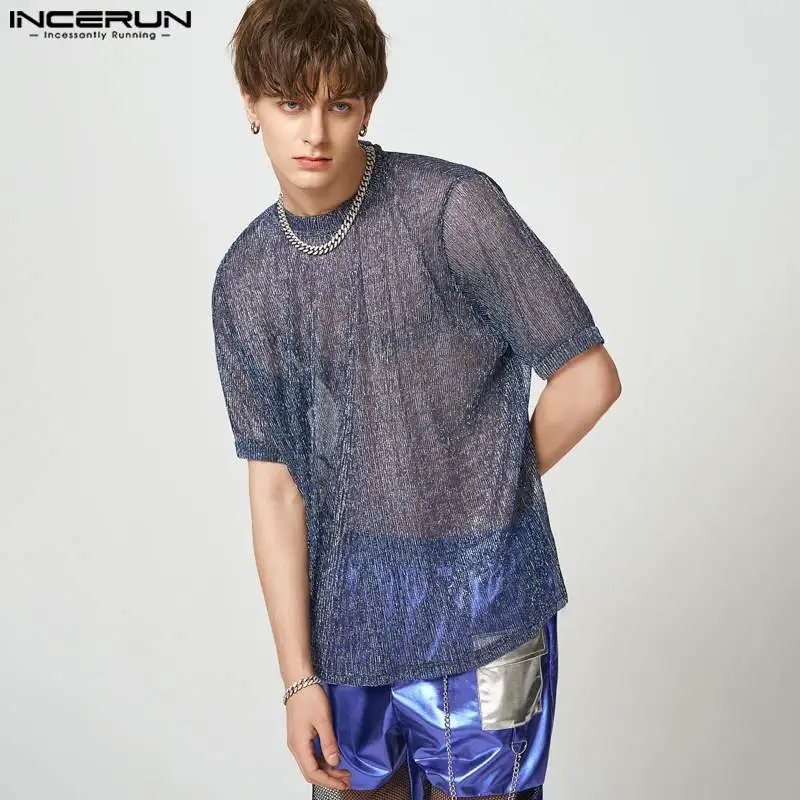 

INCERUN Men T Shirt Mesh Transparent O-neck Short Sleeve Sexy Men Clothing 2023 Shiny Party Nightclub Fashion Casual Camisetas