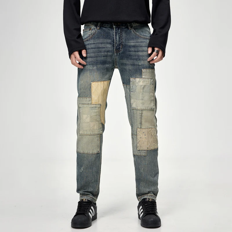 Осенне-зимние модные брендовые джинсы с иглами мужские заплатки облегающие