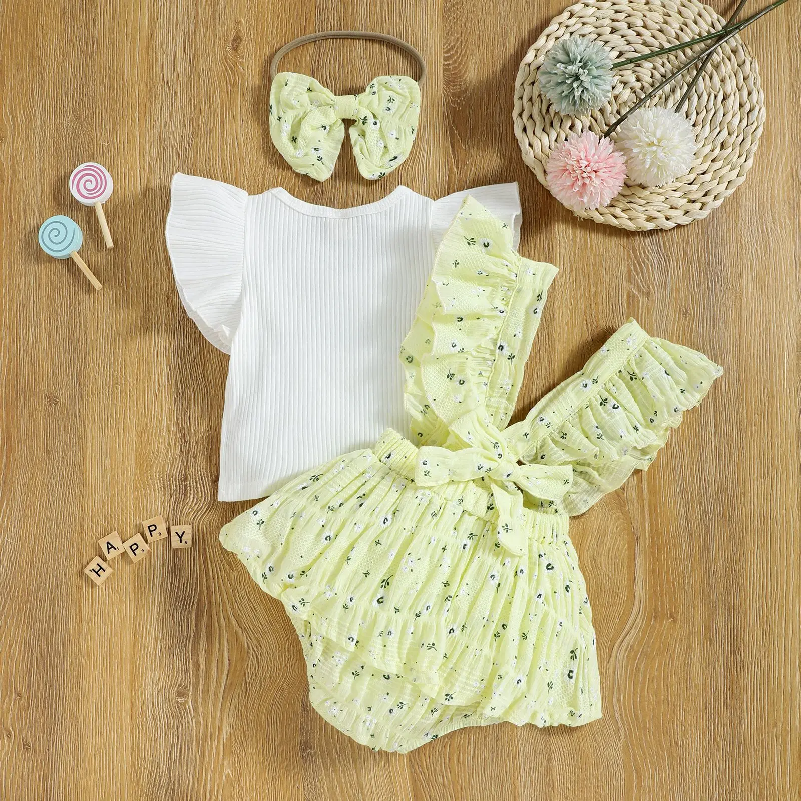 

Baby Girl Clothes Toddler Cute Outifts Infant Solid Ruffle Sleeve Top + Floral Suspender Shorts 2pcs Set Children Clothing Sets