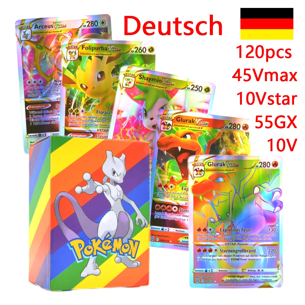 

100-120pcs Pokemon Card Vstar Vmax GX EX German French Korean Pikachu Charizard Mewtwo Playing Battle Energy Cards Kids Toy Gift