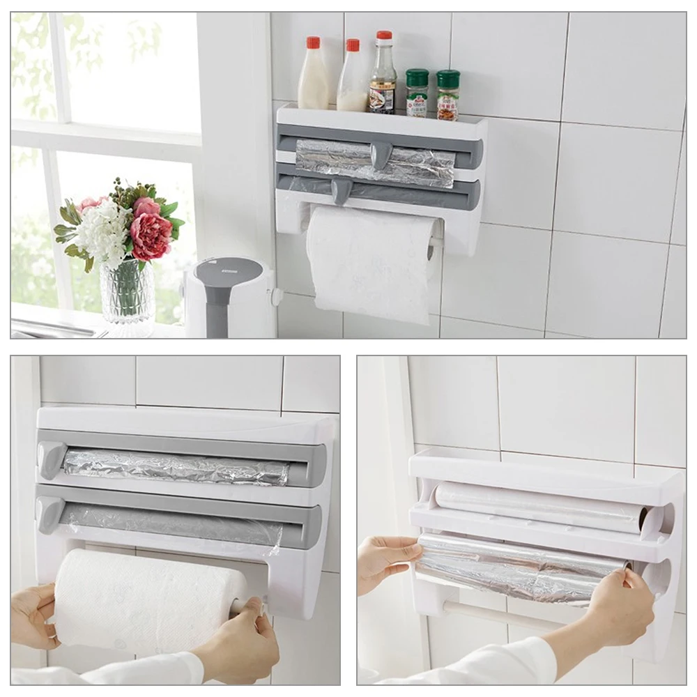 

Paper Towel Holder Wall-Mount Sauce Bottle Storage Sauce Bottle Rack 4 In 1 Cling Film Cutting Holder Kitchen Organizer