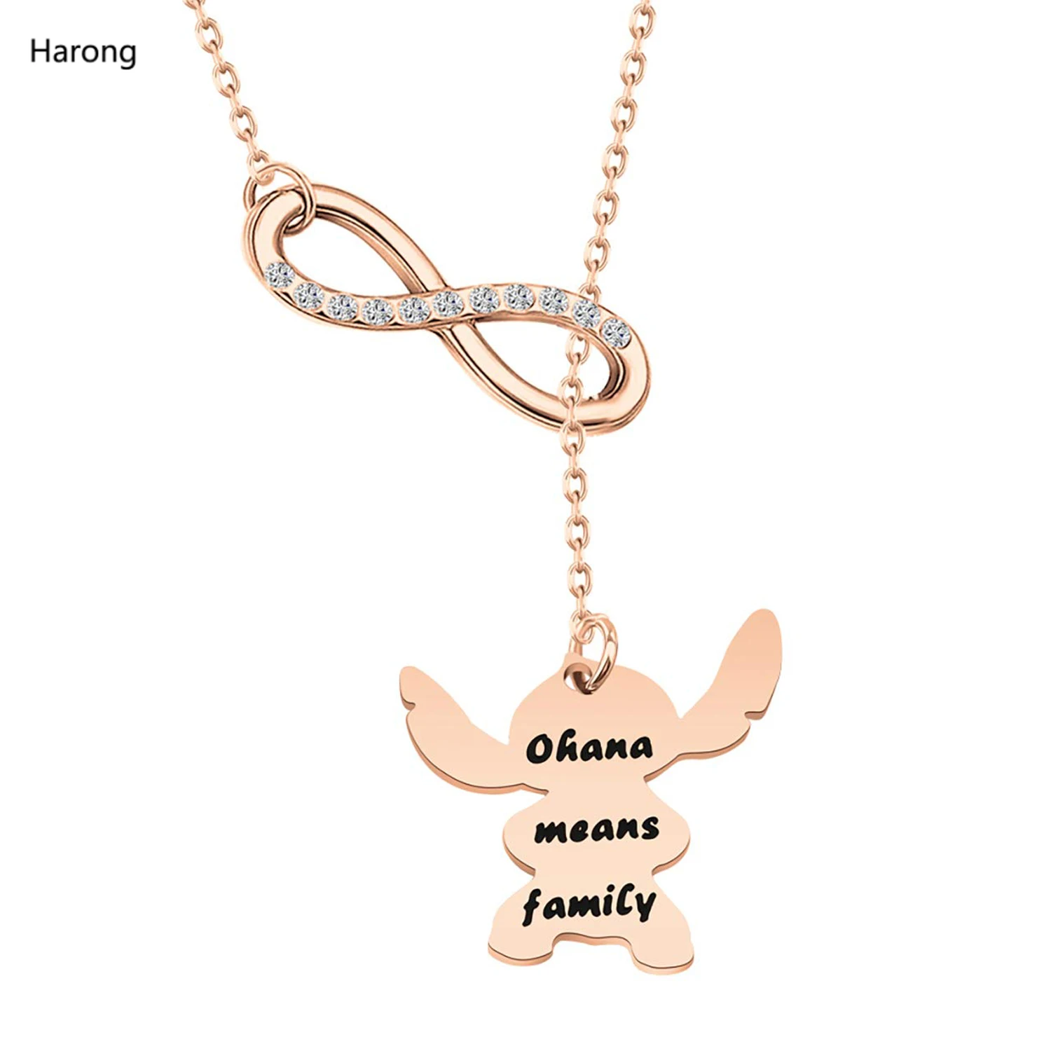 Harong Cute Stitch Necklace Shiny Crystal Stainless Steel Pendant Ohana Means Family Pretty Necklace Jewelry for Women