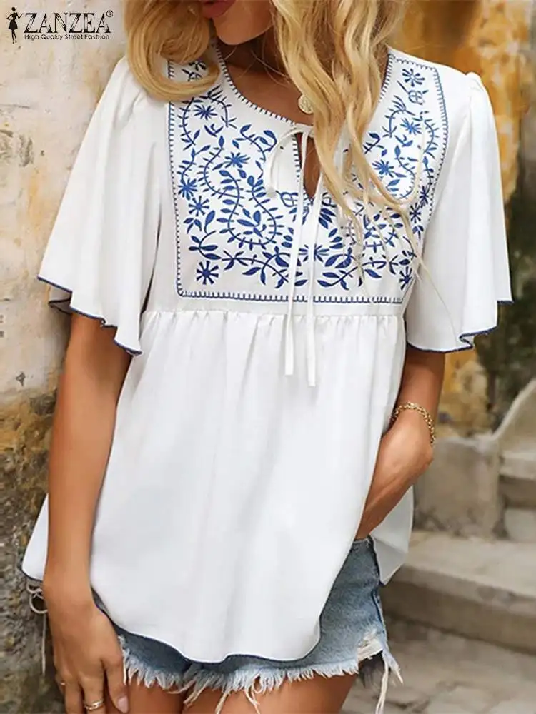 

ZANZEA 2023 New V-neck Blouse Pleats Elegant Casual Stitching Shirt Fashion Floral Printing Summer Flare Sleeve Tops Women Tunic