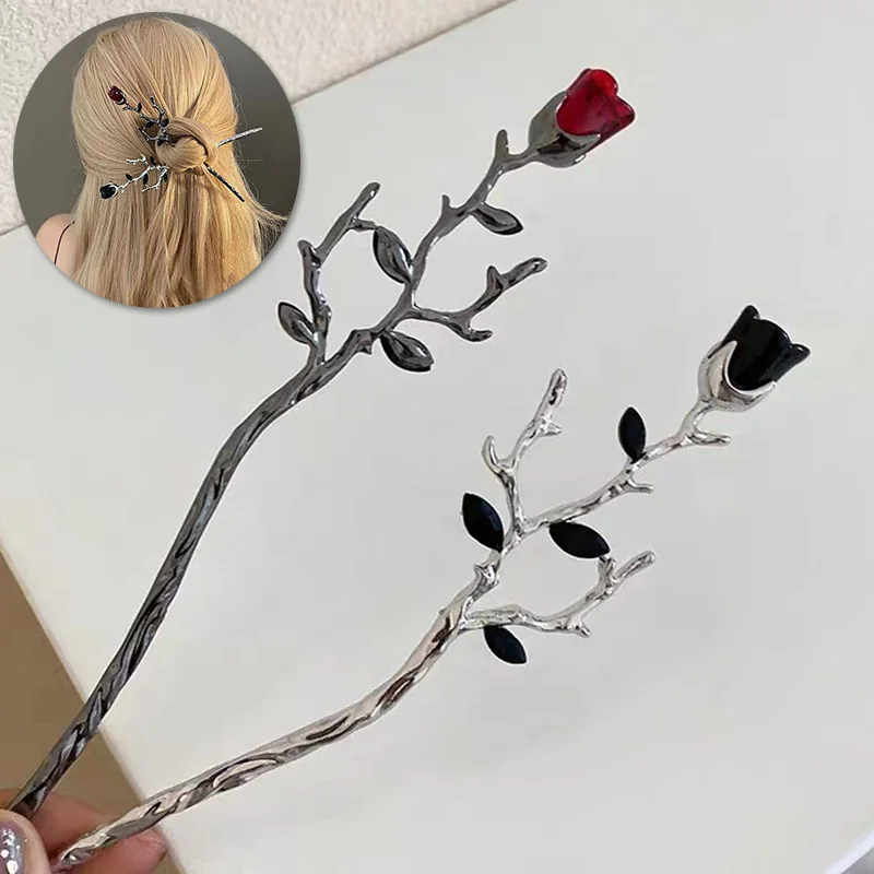 

Vintage Rose Hair Sticks Hairwear for Women Simple Flower Black Red Hairpin Hair Chopstick Disk Hairstick Headdress Jewelry