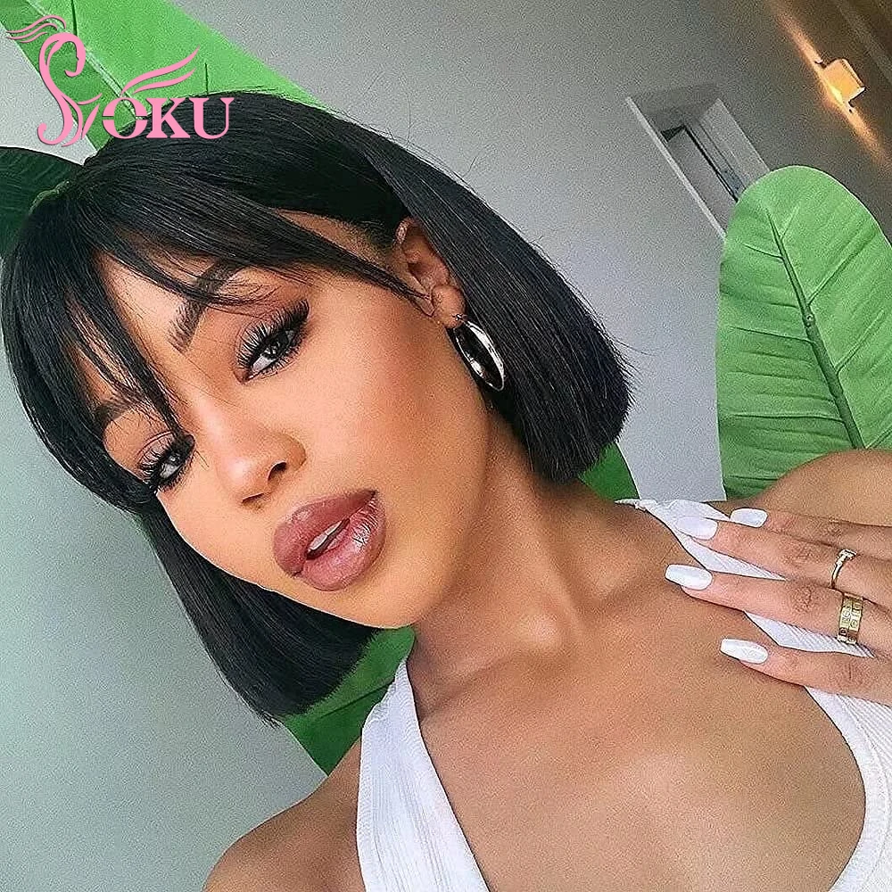 

14'' Short Bob Wigs with Bangs Synthetic Straight Machine Made Wigs for Women SOKU Natural Black Glueless Wig Daily Wear