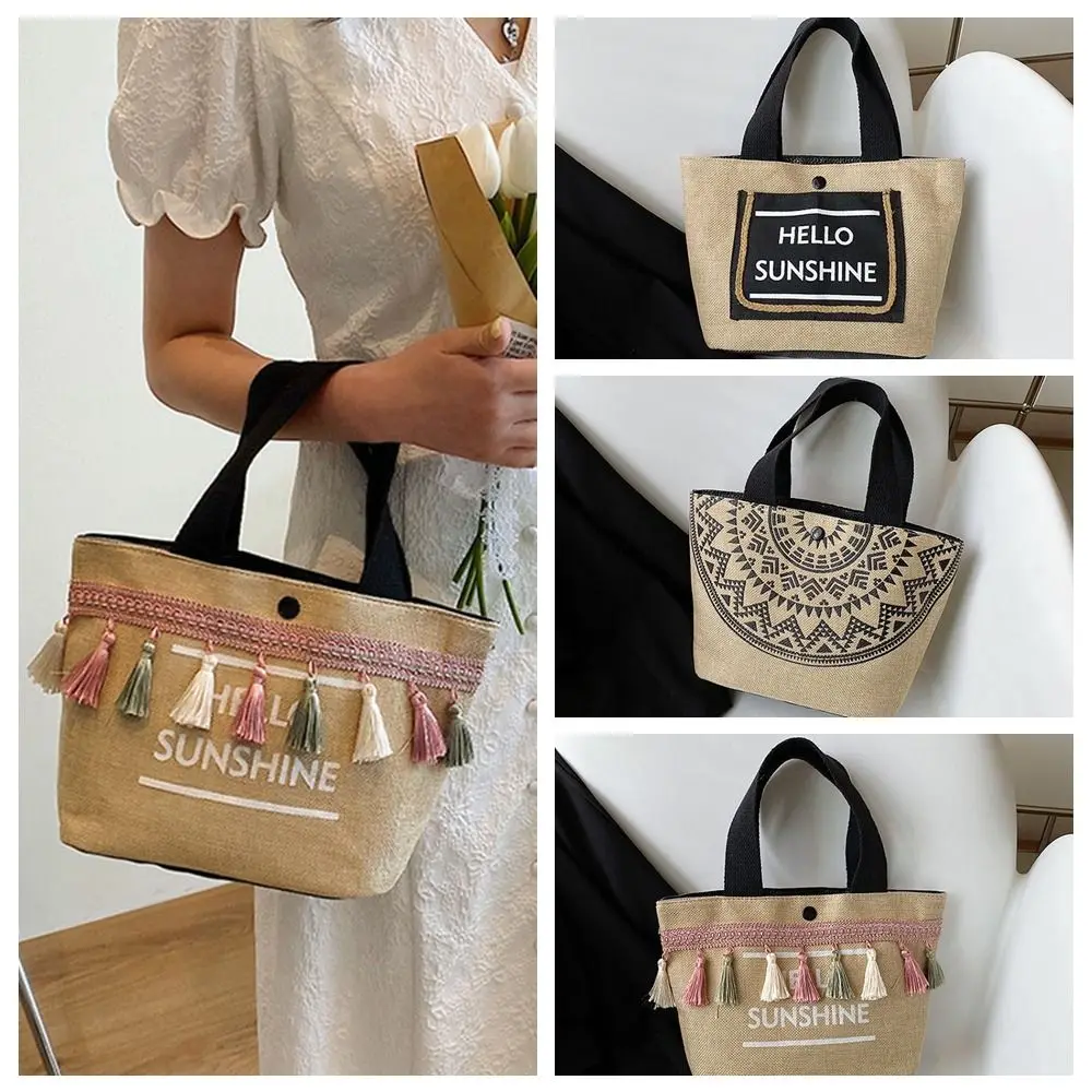 Letter Large Capacity Canvas Tote Bag Simple Tassel Handheld Woven Linen Handbag Japanese Style Makeup Bag Lady