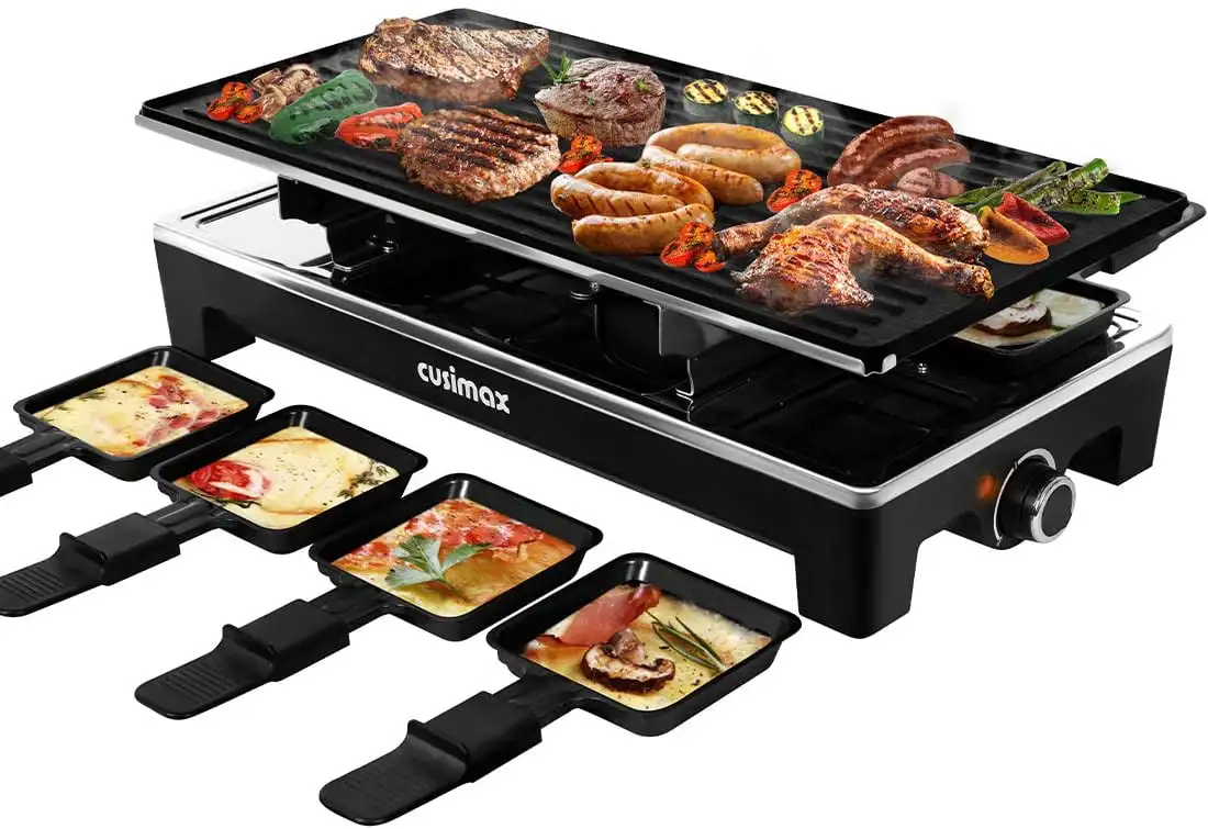 

HuanQiu Raclette Grill Electric Grill Table Portable 2 in 1 Korean BBQ Grill Indoor & Cheese Raclette, Reversible Non-stick plat