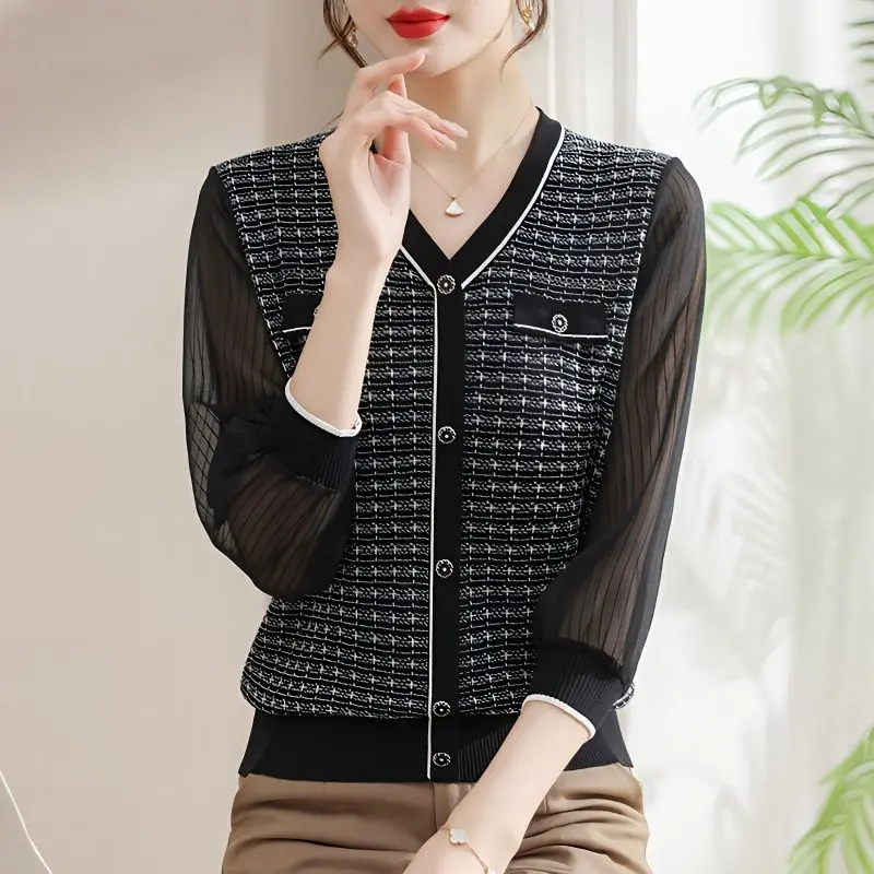 

Ice Silk Knitted Single-breasted Shirt Women's Chiffon Splice Gauze Mesh Long Sleeve Mock Pocket V-Neck Loose Top Thin All-match