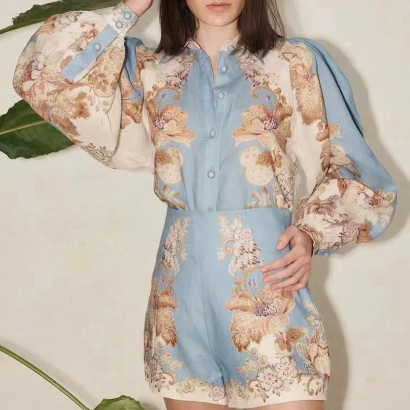 

French Retro Court Style Two-piece Suit 2022 Autumn New Printed Shirt + High Waist Short Suit Female High Quality Free Shipping