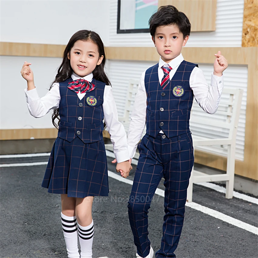 

Children Korean Japanese Kindergarten Primary School Uniform Boy Girl Academic Navy Kawaii Waistcoat Vest Tie Clothing Set Suit