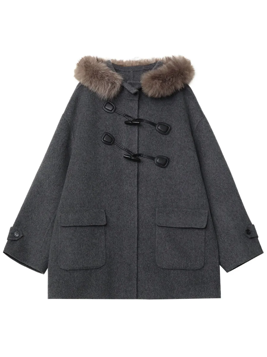 Фото CHIC VEN женское шерстяное пальто средней длины, свободное повседневное женское пальто с двусторонней роговой пряжкой и капюшоном, осень-зима 2025 №5