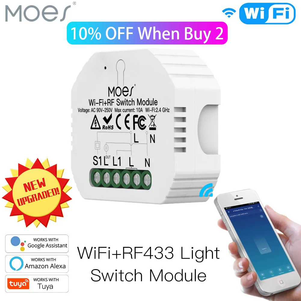 

Умный мини-переключатель Moes Tuya с Wi-Fi, модуль регулировки светильник, дистанционное управление Tuya, работает с Alexa Google Assistant