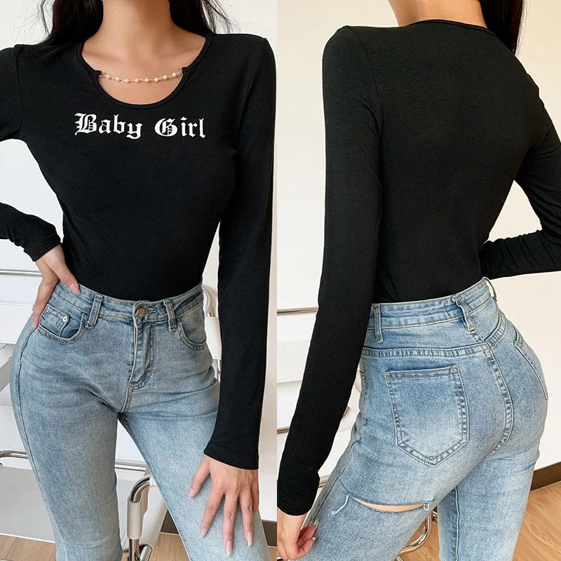 

Bodycon Hollow Out Front Gothic T-Shirts Punk Black Letter Printing Long Sleeve O-Neck Basic Women Tops