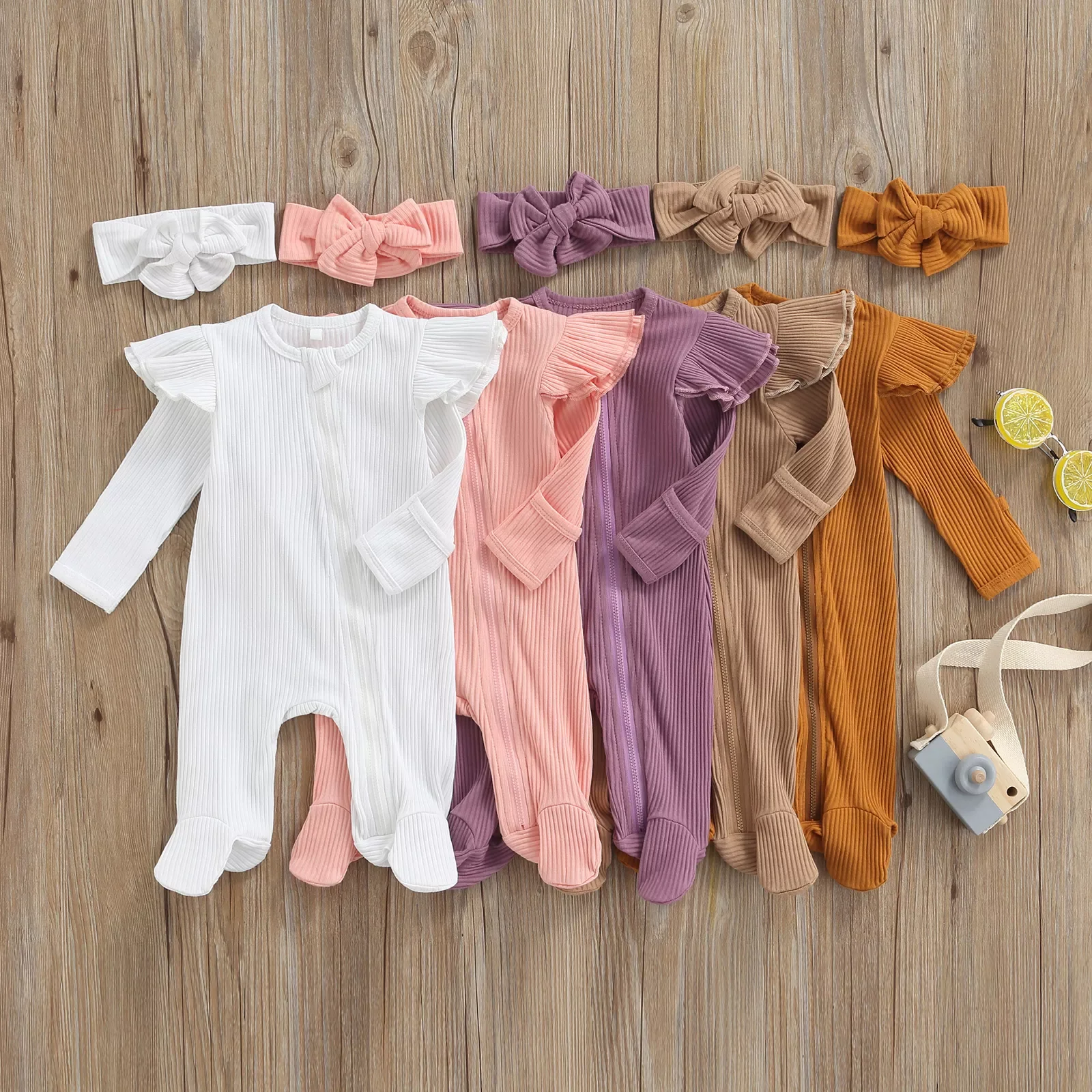 

2Pcs Unisex Baby Fall Set, Solid Color Ribbed Long Sleeves Zip-Up Footed Footies Jumpsuits+ Hairband for Girls, Boys, 0-6 Months