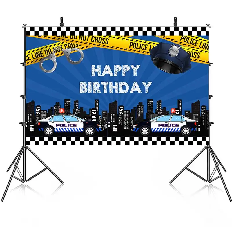 

Cartoon Police Cosplay Birthday Backdrop Photography Baby Shower Boy Navy Blue Background Party Banner Custom Name