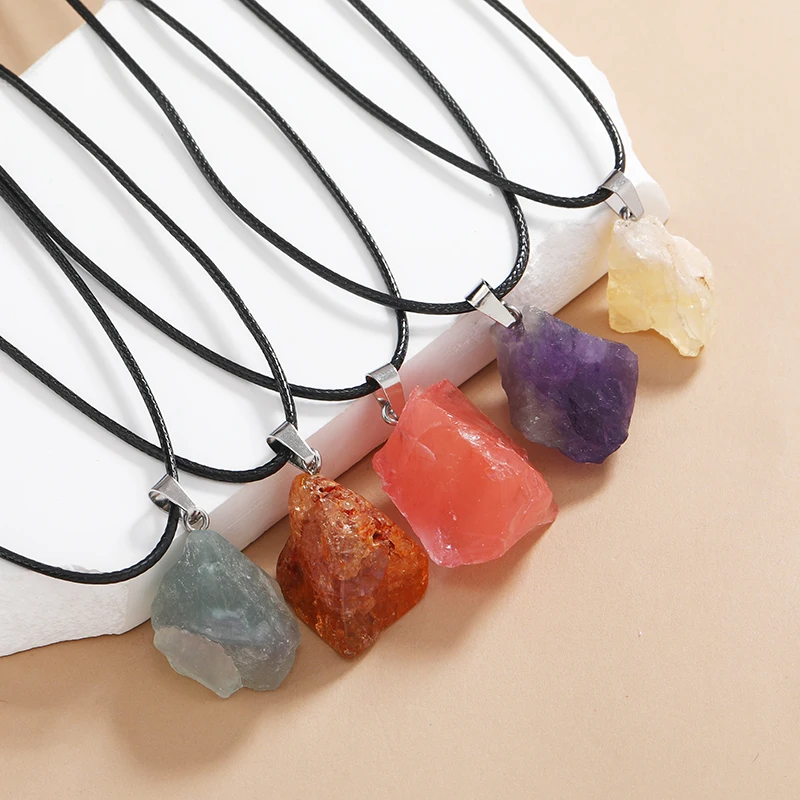 

Colourful Trendy Irregular Geometry Shape Lava Crystal Quartz Natural Stone Pendant Necklace Brown Rope Chain Bohemia Jewelry