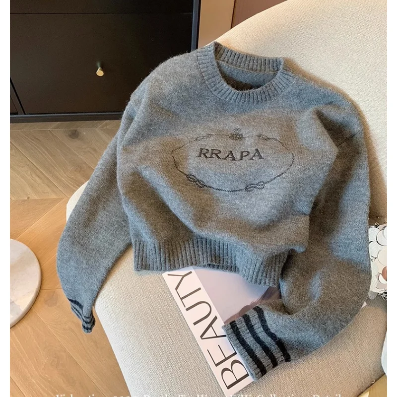 Серый пуловер женская одежда вязаный свитер кашемировые винтажные с вышивкой