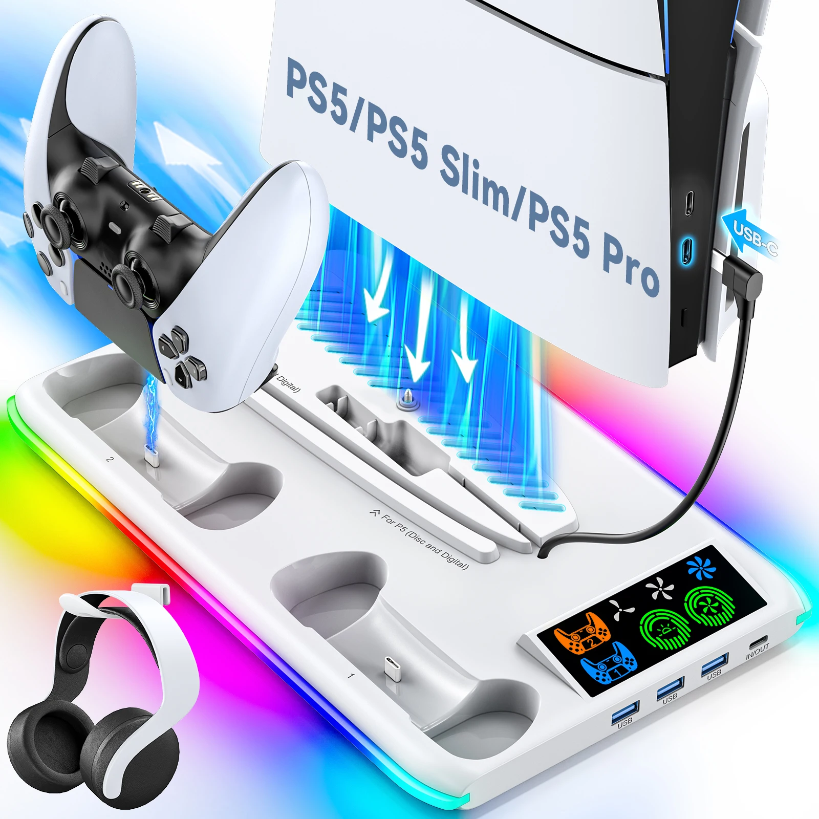 Подставка для хранения PS5/PS5 Slim/PS5 Pro с вентилятором и подставкой зарядного