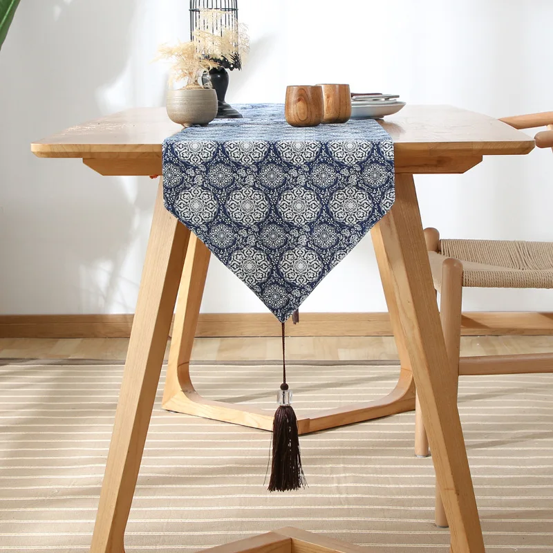 

Orange Uncle Home Tablecloth Japanese Style Cotton and Linen Table Runner Lattice Tea Table Zen Linen Fabric Retro