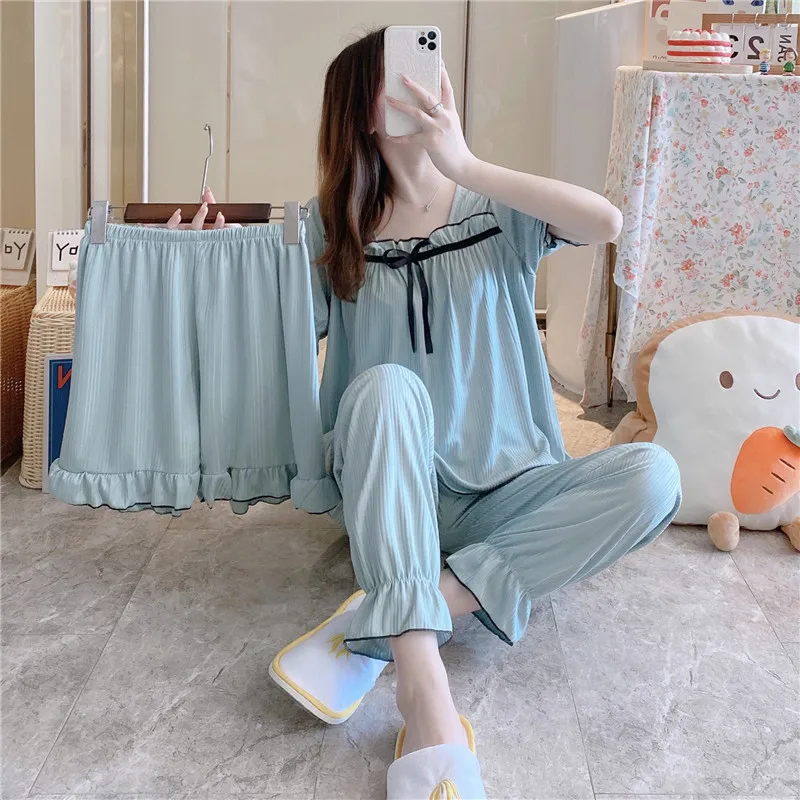 Women 3 Pieces Pajamas Sets Cotton Pijama Bow Female Pyjama Sleepwear Short Sleeve Shirt Pants Shorts Suit Homewear Loungewear