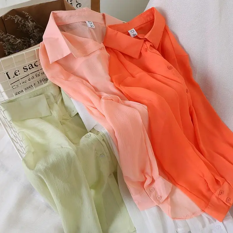 Long sleeve blouse with lapel for women Summer 2023 in candy color