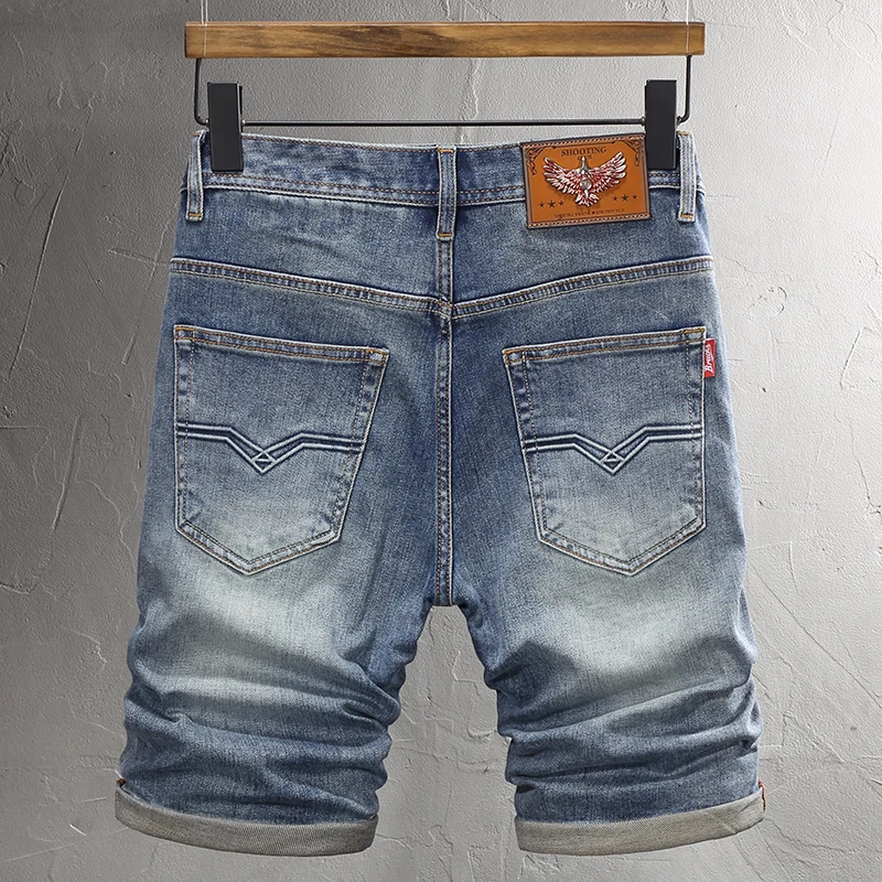 Fashion Designer Men Jeans Summer Trendy Retro Washed Blue Elastic Printed Short Jeans Homme Vintage Casual Denim Shorts Men