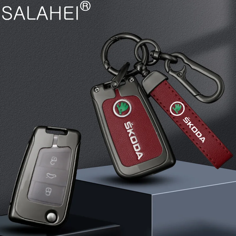 

Zinc Alloy Leather Car Flip Remote Key Fob Case Cover Bag For Skoda Octavia A7 Kodiaq Karoq Protector Shell Keychain Accessories
