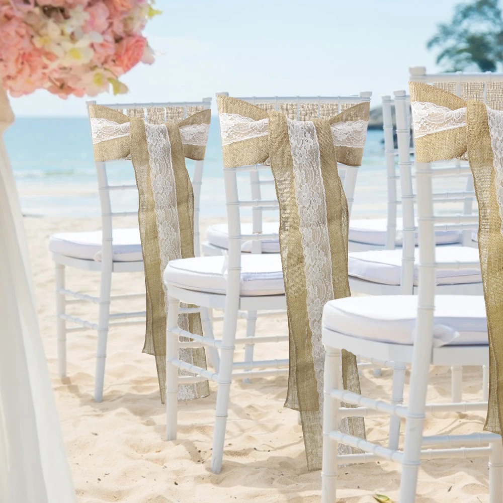 

Burlap Lace Chair Sashes 6×94inch Hessian Jute Chair Cover Bows Rustic Linen Lace Chair Bows for Wedding Decoration Home Decor