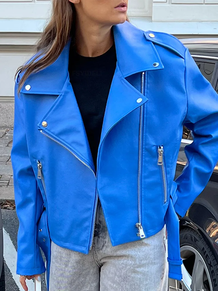 Женская укороченная куртка на молнии уличная мотоциклетная из искусственной