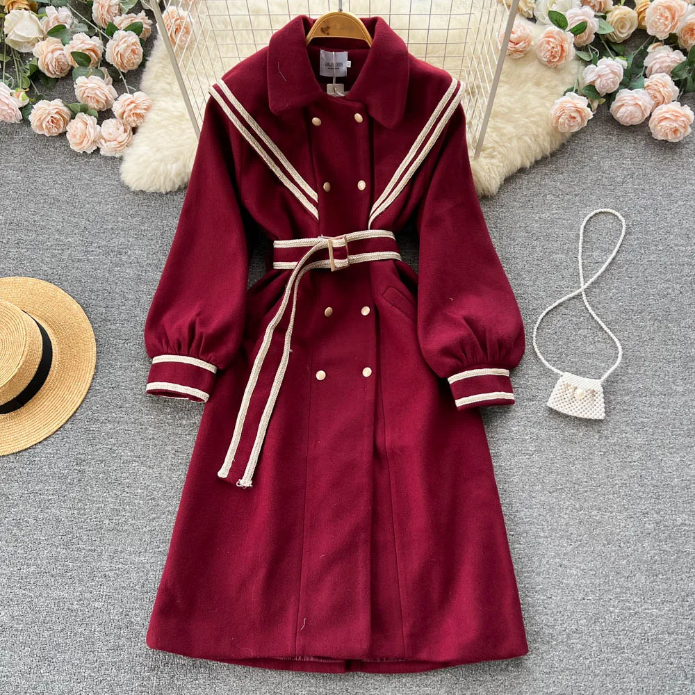 

Осенне-зимние ретро куртки с кукольным отворотом для женщин 2022 тренчкоты двубортные высококачественные элегантные длинные шерстяные пальто Wom с элегантной талией