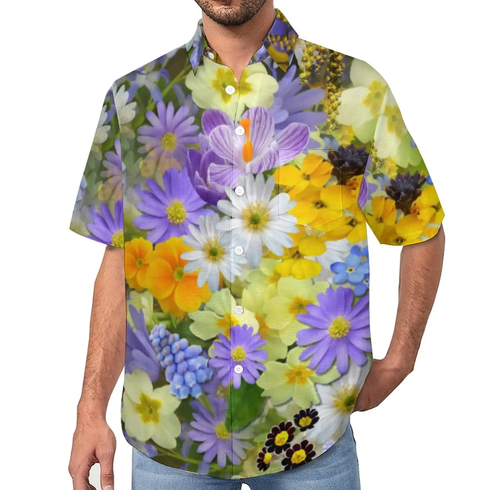 

Purple Daisy Print Casual Shirt A Burst of Flowers Vacation Loose Shirt Hawaiian Retro Blouses Short-Sleeve Oversized Clothing