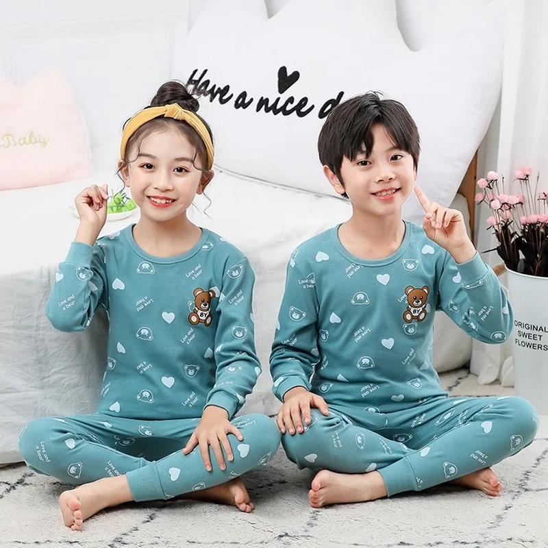 

Пижамный комплект с длинным рукавом для мальчиков и девочек, из 100 хлопка, детская одежда для сна, пижама с животными из мультфильмов, пижама для мальчиков-подростков