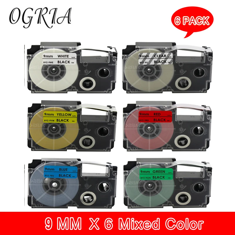 

6 Pcs for 9MM Label XR-9WE XR-9X XR-9RD XR-9YW XR-9BU XR-9GN XR-9GD XR-9SR Tape Ribbon for CASIO KL-60L KL-120 label macker