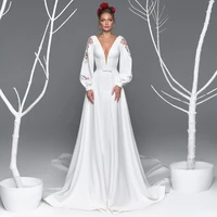 weilinsha white jersey lace long sleeves wedding dress for brides v neck simpel bridal gowns with court train robe de mari%c3%a9e