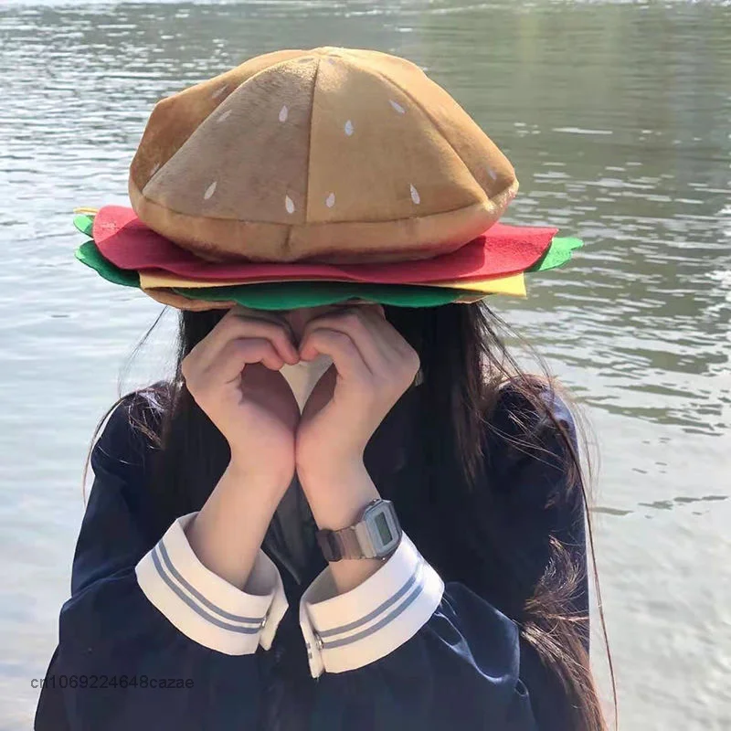 2022 New Cute Halloween Hamburger Hat Cartoon Food Cosplay Hamburger Hat Headwear Game Activity Role Play Performance Hat Y2k