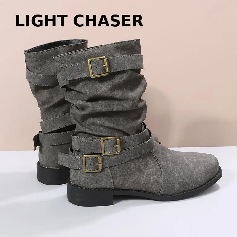 Winter New Foreign Trade Boots Round Head Flat -bottomed Large Size Women's Boots Smoke Boots Belt Buckle Female Short Boots 43