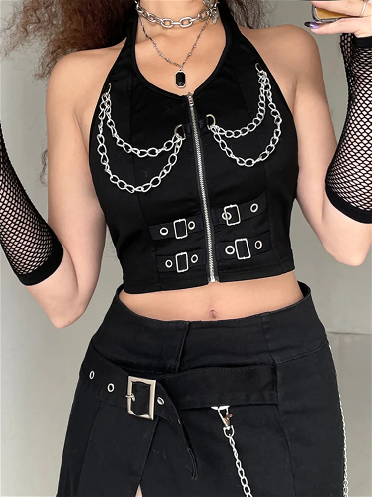 

CHRONSTYLE Y2K Sexy Women V-neck Front Zip Up Vest Top Backless Halter Gothic Tank Chain Patchwork Harajuku Vest Streetwear 2022