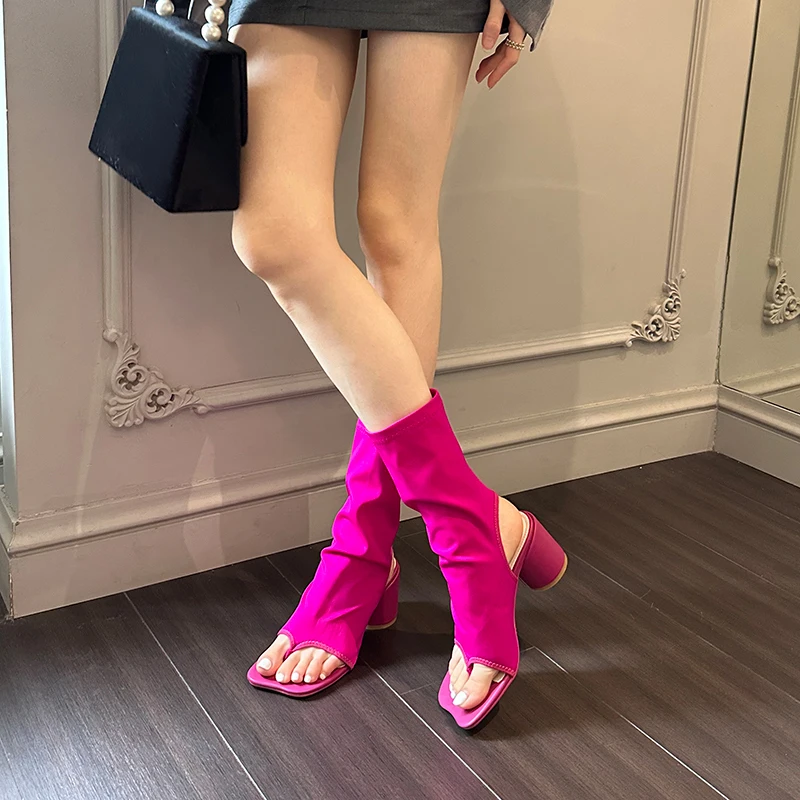 

Black Slingback Shoes Women Low Heeled Sandals Rosered Stretch Fabric Summer Boots Punk Thong High Heels Sandalias De Mujer