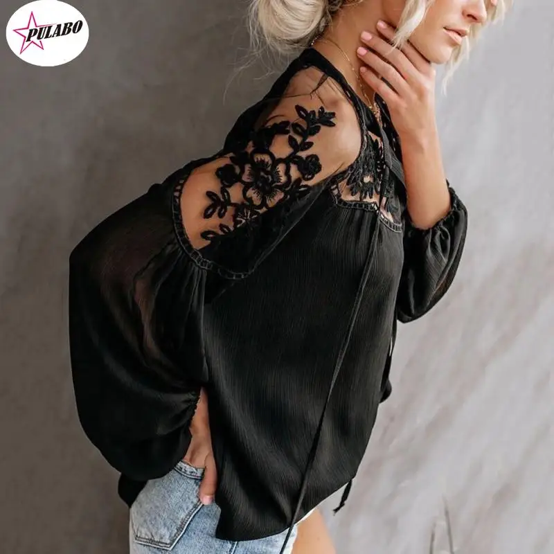 PULABO шифоновые женские повседневные кружевные блузки с длинными рукавами и